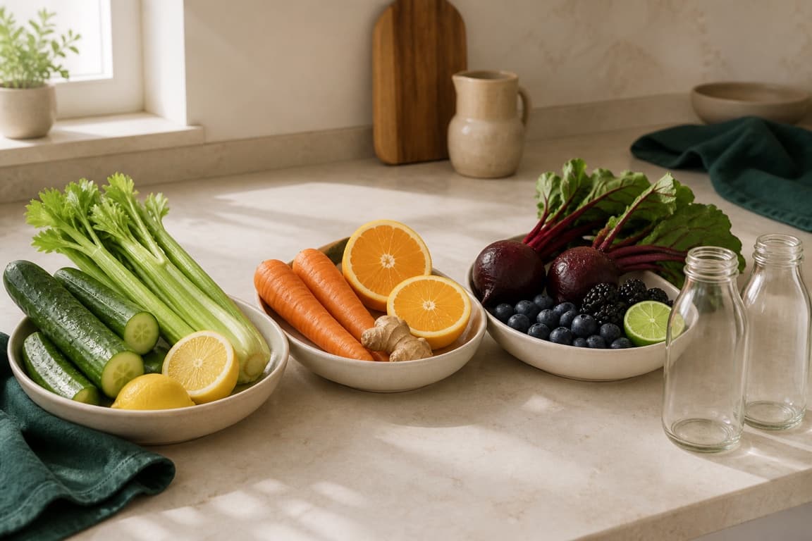 A week of juicing produce grouped by recipe in bowls on a counter, with two empty glass bottles waiting.