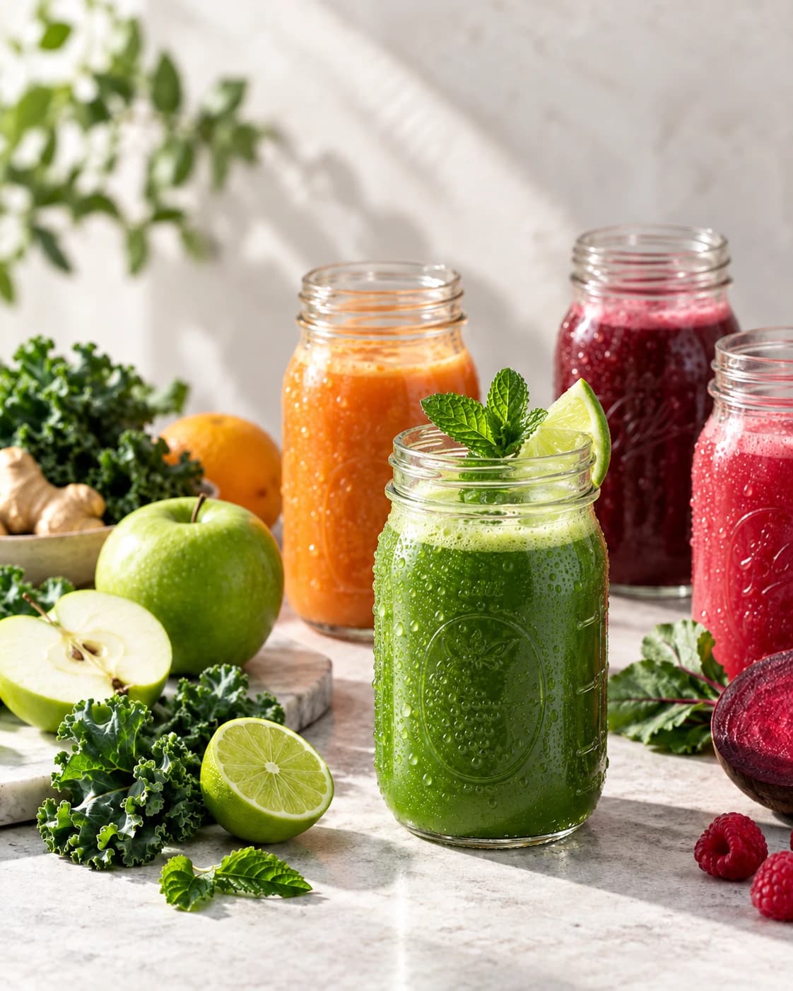 Four jars of cold-pressed juice, green in front with mint and lime, orange, beet and berry behind, with kale, green apple, ginger and raspberries