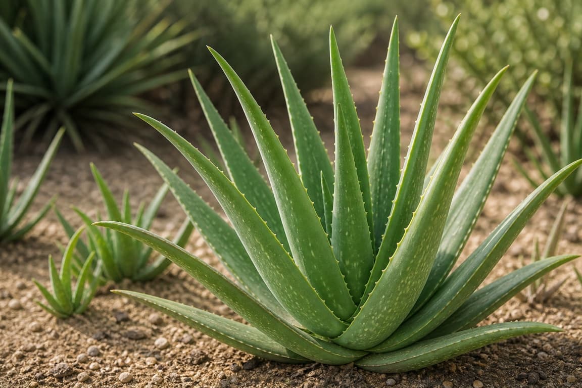 Fresh aloe vera growing naturally in a dry garden bed with intact succulent leaves.