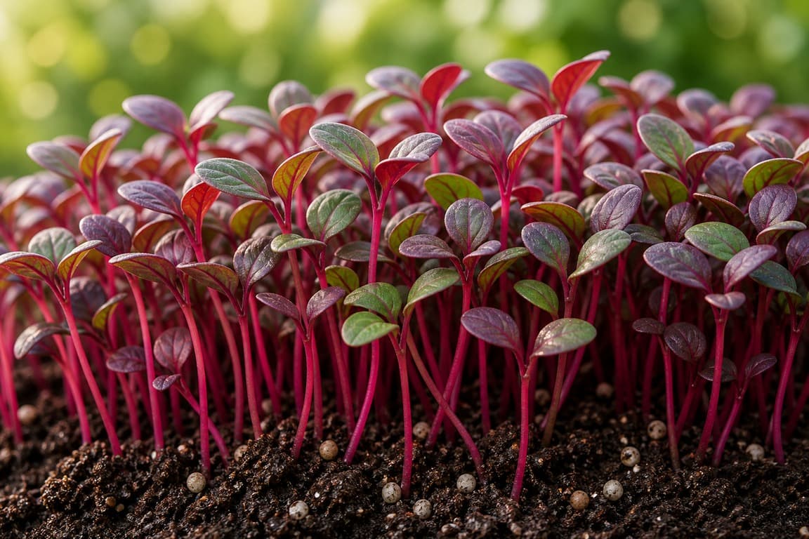 Red amaranth microgreens growing densely with delicate magenta stems and leaves in daylight.