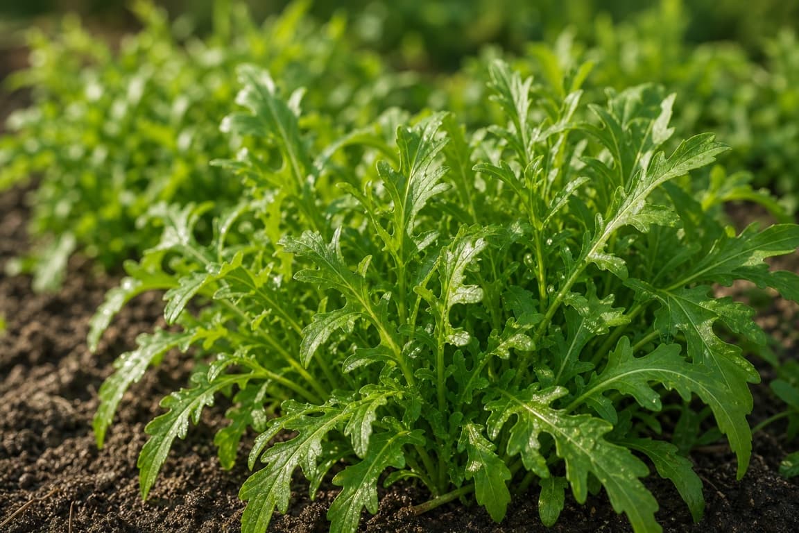 Fresh arugula growing naturally in a garden row with tender lobed leaves.