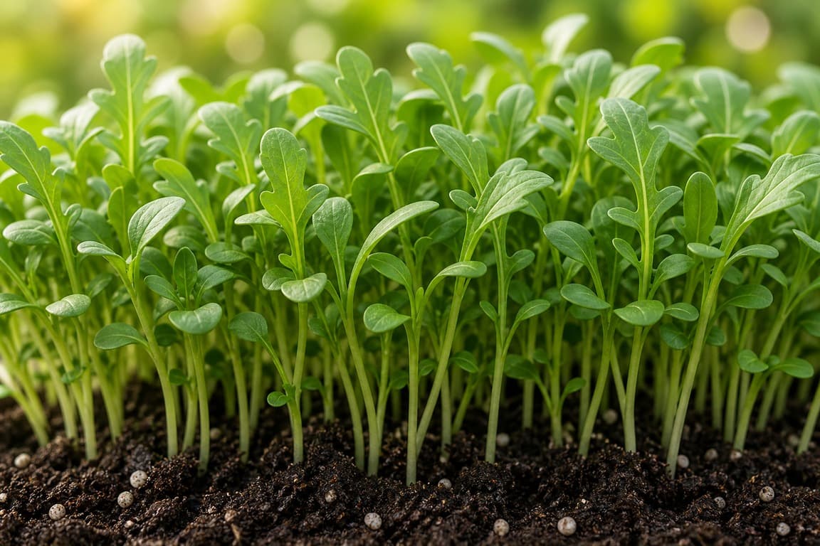 Arugula microgreens growing with small green leaves and slender stems in soft daylight.