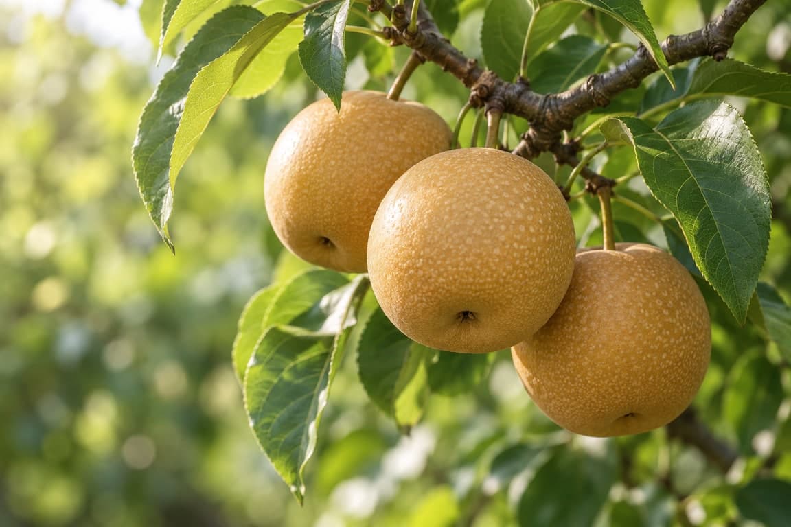 Round golden-brown Asian pears growing on a leafy orchard branch in soft daylight.
