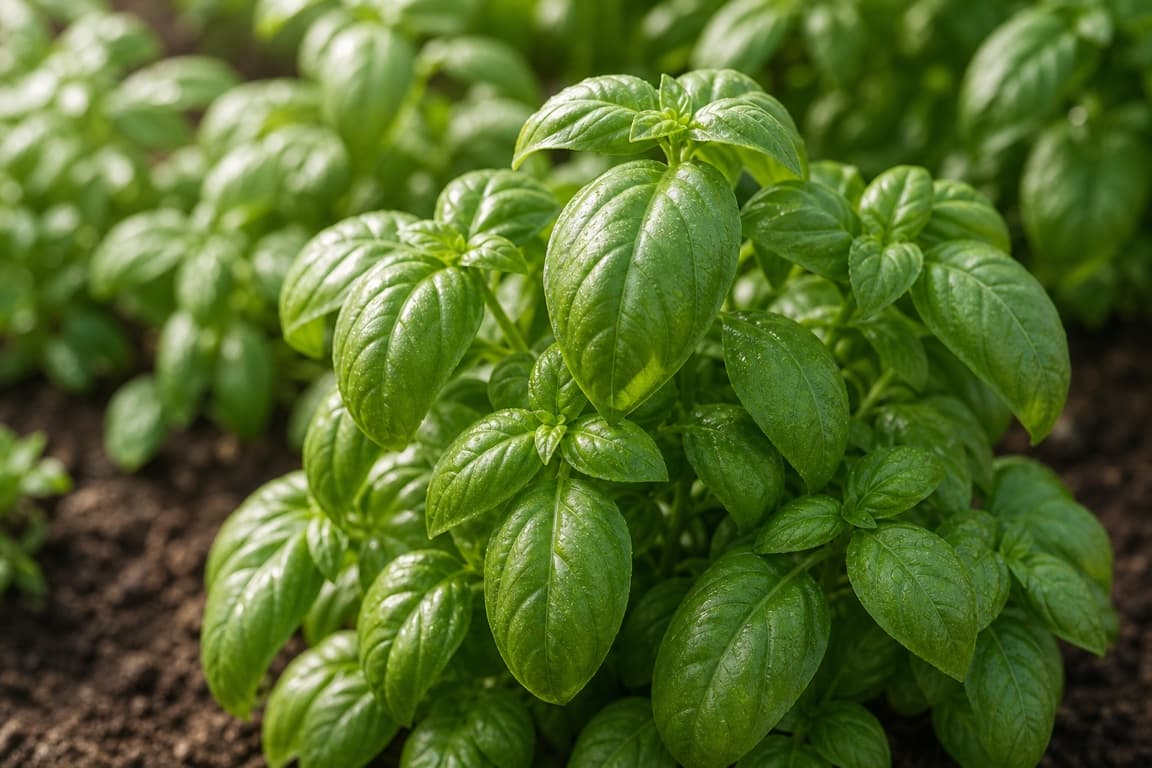 Fresh basil growing naturally outdoors with vibrant intact leaves.