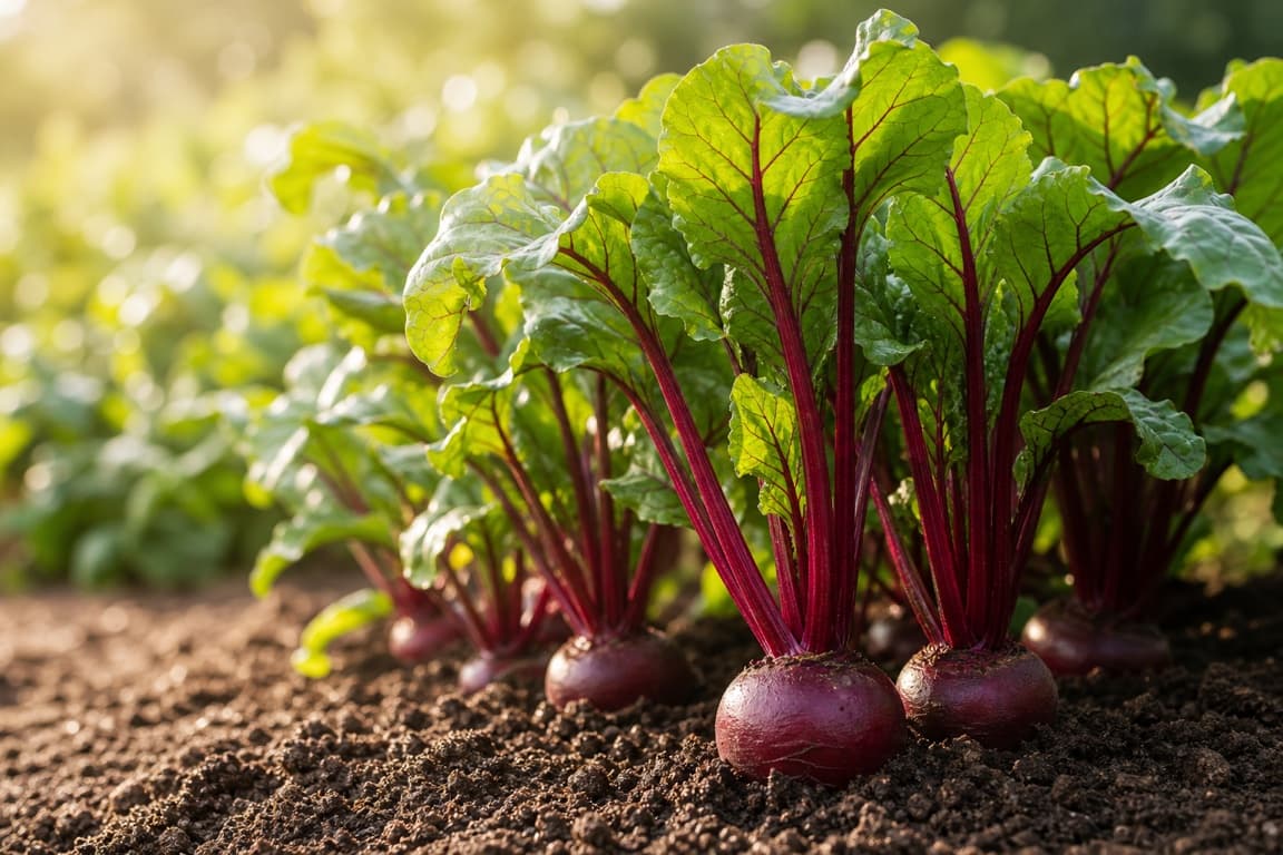 Fresh beets growing in dark garden soil with intact leafy green tops and red stems.