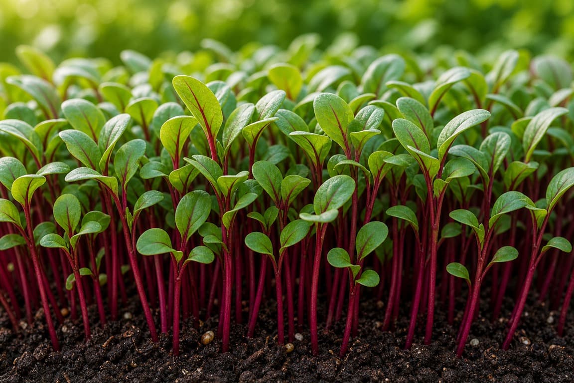 Beet microgreens growing with red stems and tender green leaves in soft natural light.