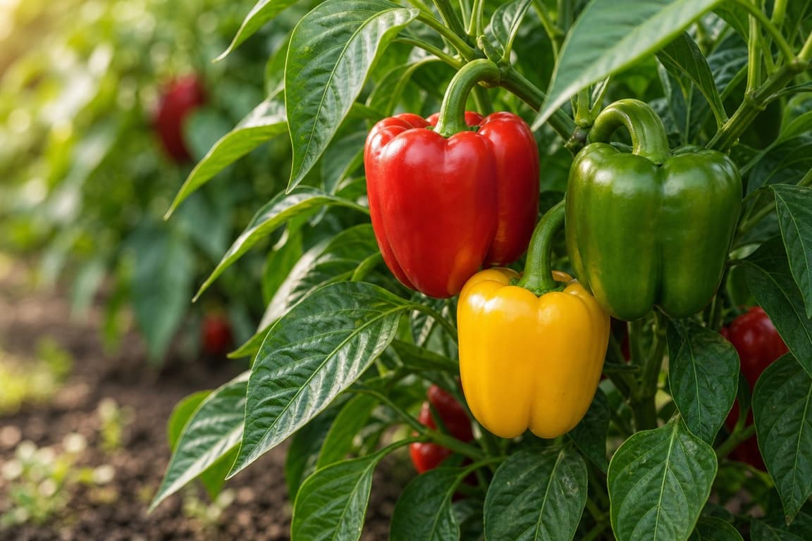 Fresh bell peppers growing on a plant with healthy green leaves.