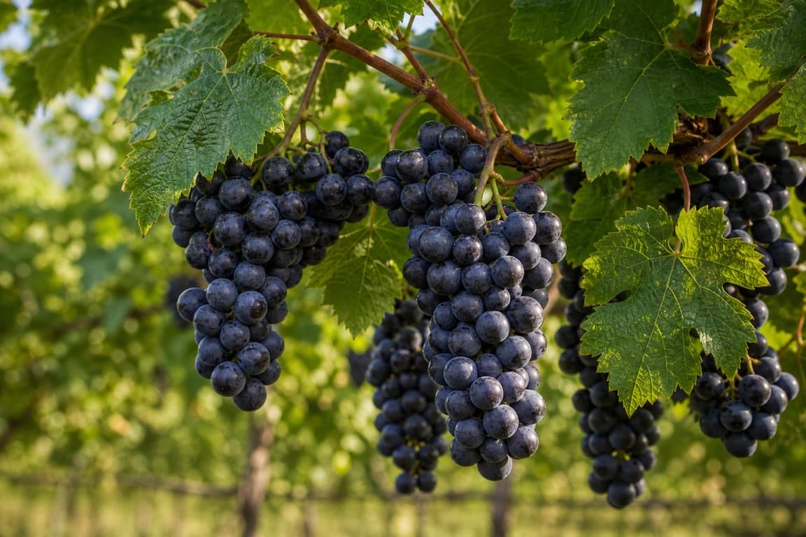 Dark purple-black grapes growing in clusters on a grapevine with healthy leaves.