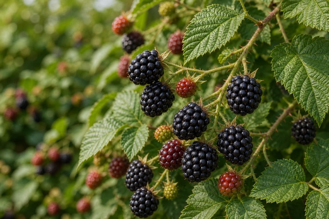 Fresh blackberries growing naturally on bramble canes with healthy leaves.