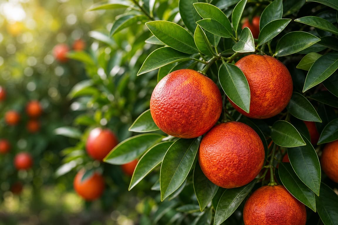 Blood oranges growing on a citrus tree branch with deep red-orange fruit and glossy leaves.