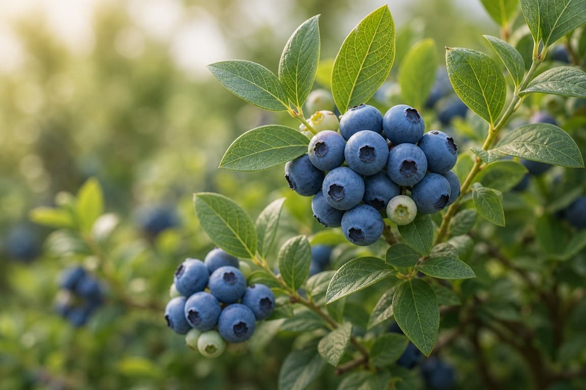 Clusters of ripe blueberries growing on a bush with green leaves and soft natural light.