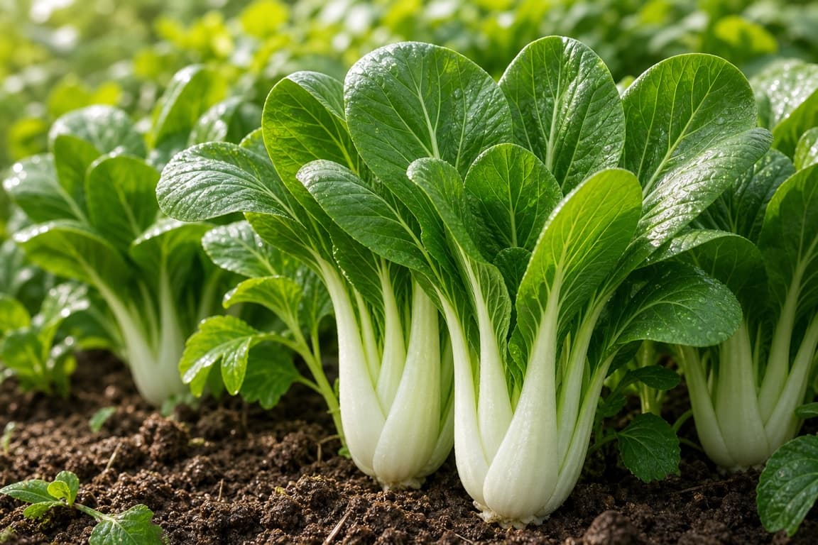 Fresh bok choy growing naturally in soil with crisp white stalks and green leaves.