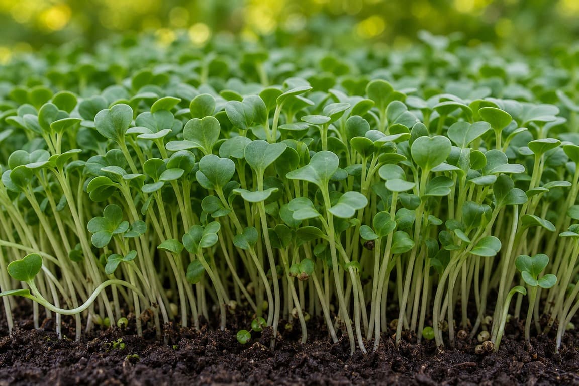 Broccoli microgreens growing densely with tiny green leaves in soft natural light.