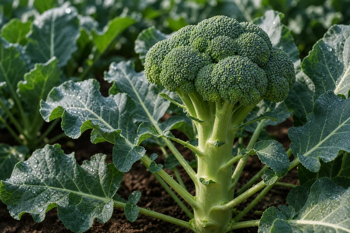 Fresh broccoli growing naturally with a sturdy green stem and young crown.