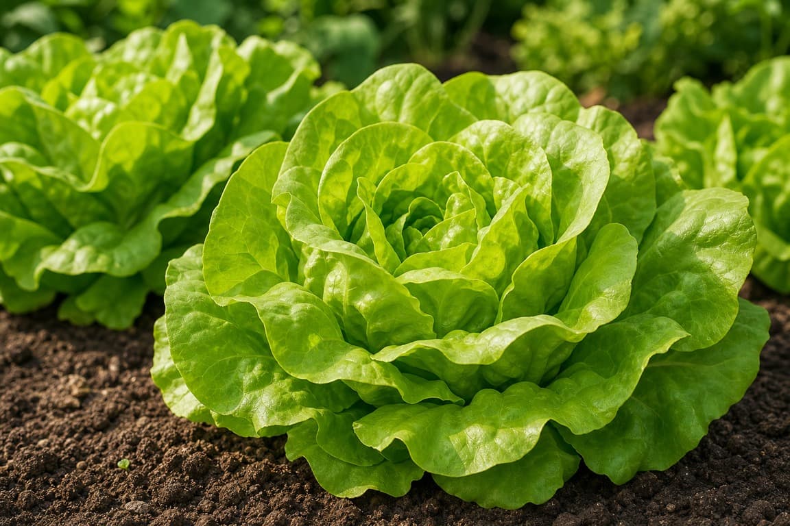 Butter lettuce heads growing in a garden bed with soft green leaves and natural daylight.
