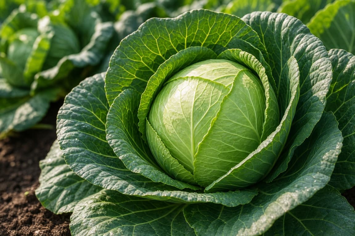 Fresh green cabbage head growing in a clean garden bed with healthy outer leaves.
