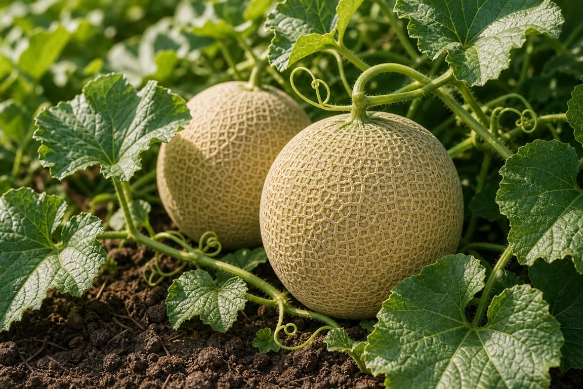 Fresh cantaloupe melons growing naturally on the vine with healthy leaves.