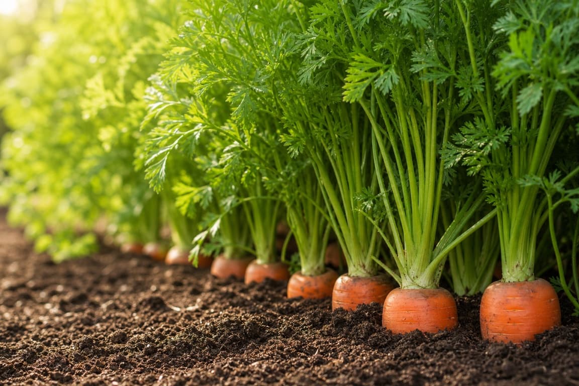 Fresh carrots growing in clean garden soil with healthy green tops and visible orange roots.