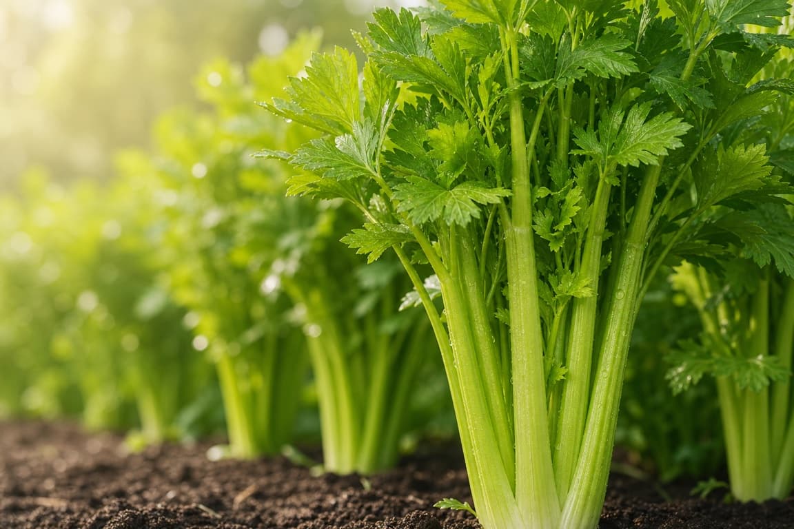 Fresh celery stalks growing upright in garden soil with leafy tops and soft natural light.