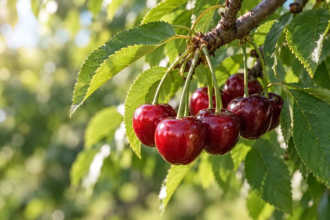 Ripe red cherries hanging from a leafy cherry-tree branch in natural daylight.