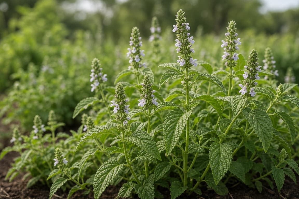 Fresh chia plants growing outdoors with intact leaves and delicate flower spikes.