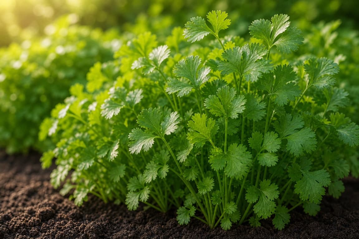 Fresh cilantro plants growing in an herb bed with delicate intact green leaves.