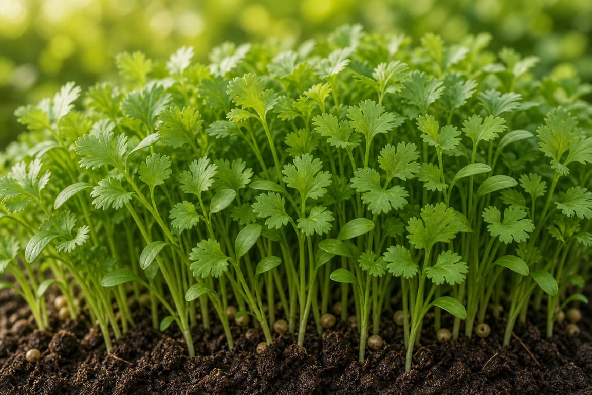 Cilantro microgreens growing with delicate green leaves and slender stems in natural light.