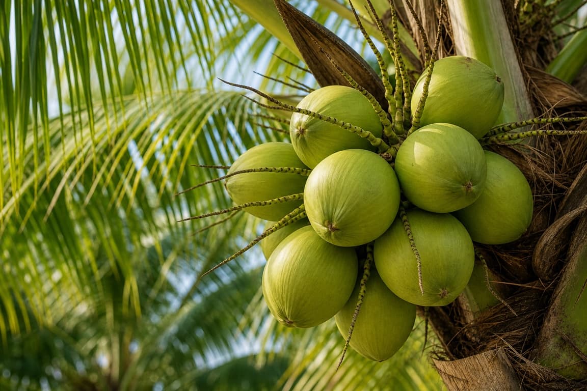 Young green coconuts growing naturally on a coconut palm tree.