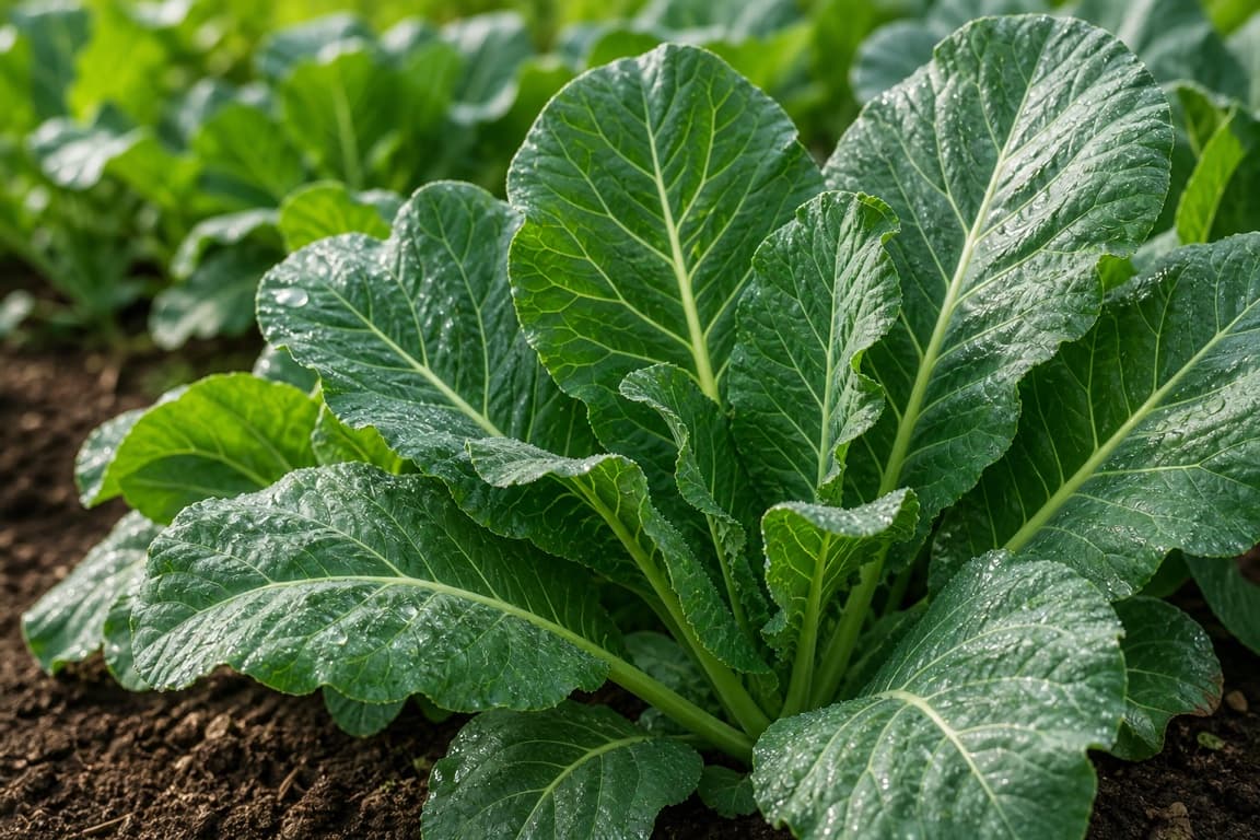 Fresh collard greens growing naturally with broad deep green leaves.