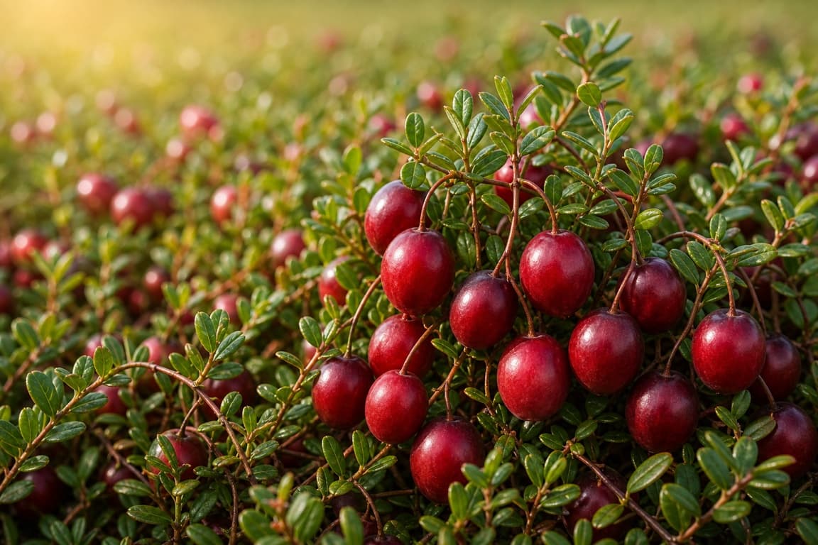Fresh cranberries growing on low vines with small healthy leaves.