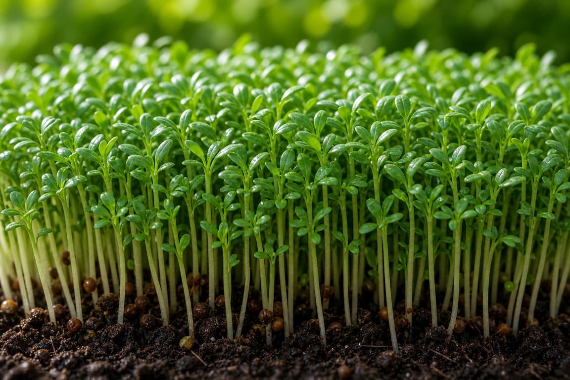 Cress microgreens growing densely with tiny green leaves and slender stems in daylight.