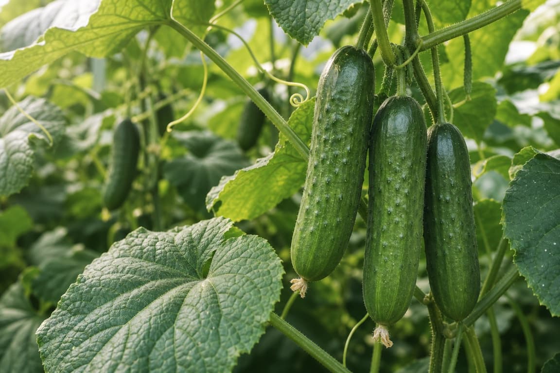 Fresh cucumbers growing on a vine with healthy leaves and soft natural light.