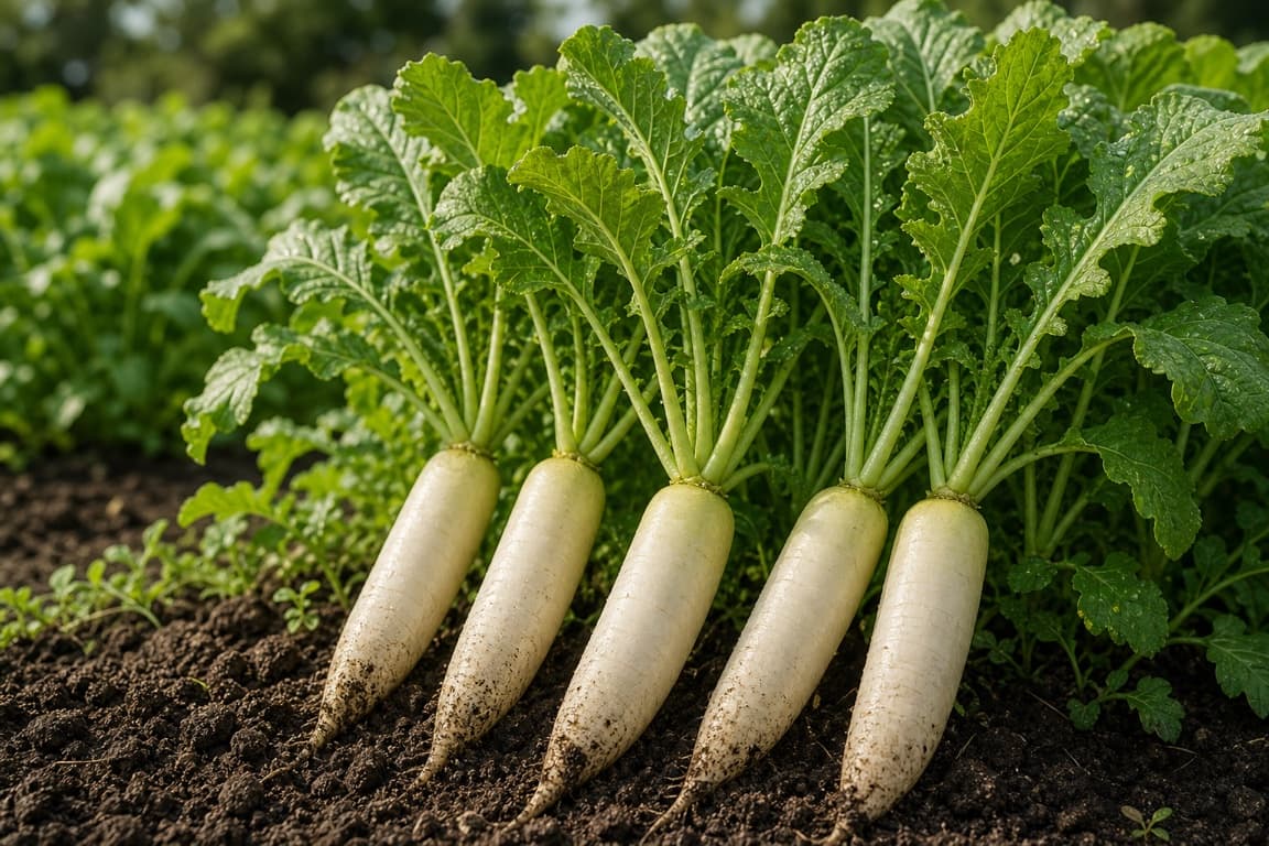 Fresh daikon radishes growing naturally in soil with intact leafy green tops.