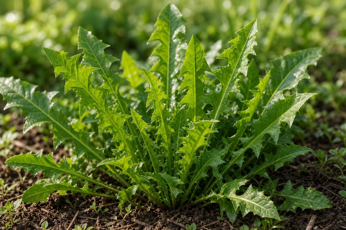 Fresh dandelion greens growing in a natural garden bed with jagged leaves and soft daylight.