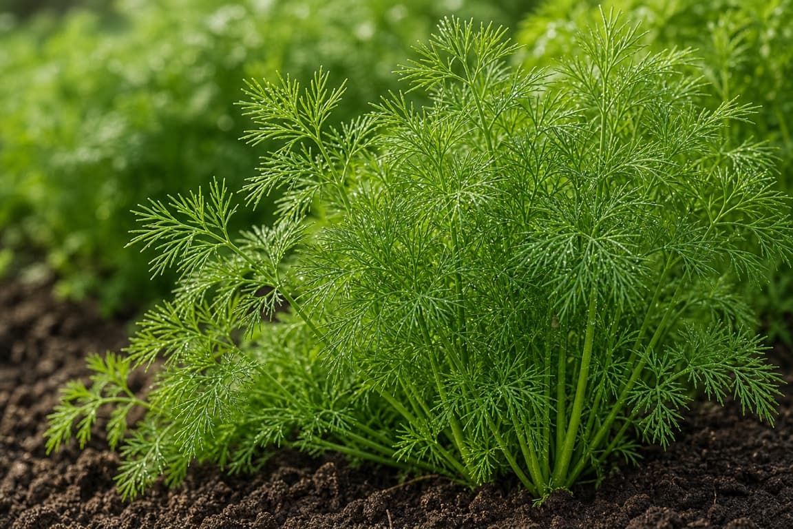 Fresh dill growing naturally in soil with feathery green fronds.