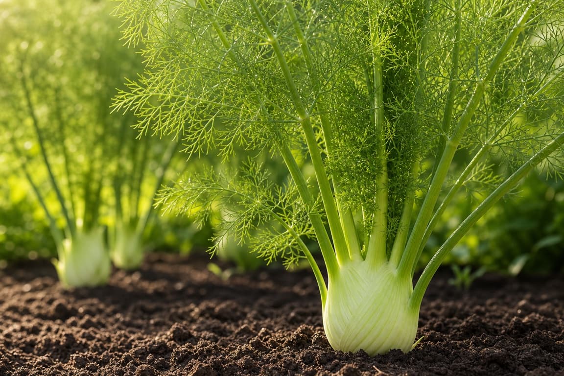 Fresh fennel bulb growing in clean garden soil with tall green fronds.