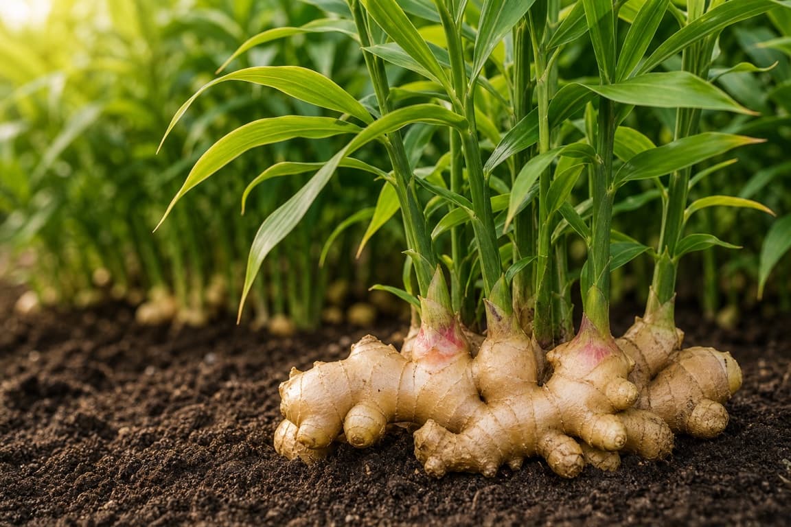 Fresh ginger rhizomes growing at the soil line with healthy green shoots.
