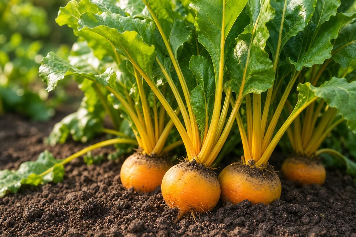 Golden beets growing in clean garden soil with healthy green tops and warm daylight.
