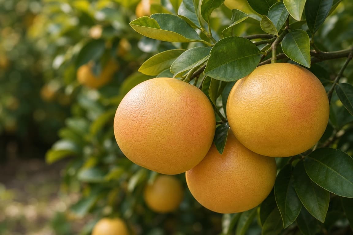 Fresh grapefruit growing on a citrus tree branch with healthy glossy leaves.