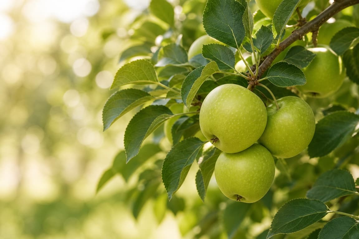 Green apples growing on a tree branch with healthy leaves and warm natural light.