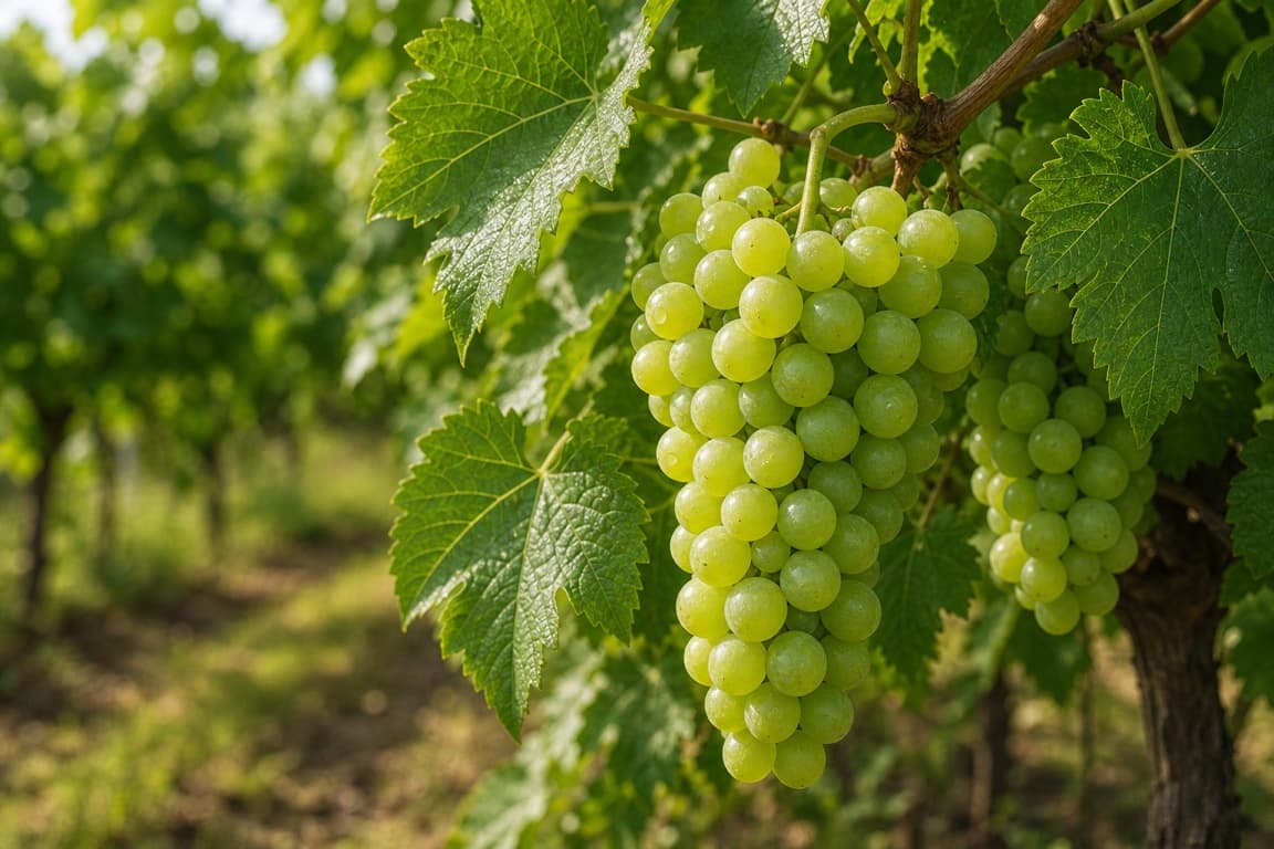 Fresh green grapes growing naturally on the vine in a vineyard.