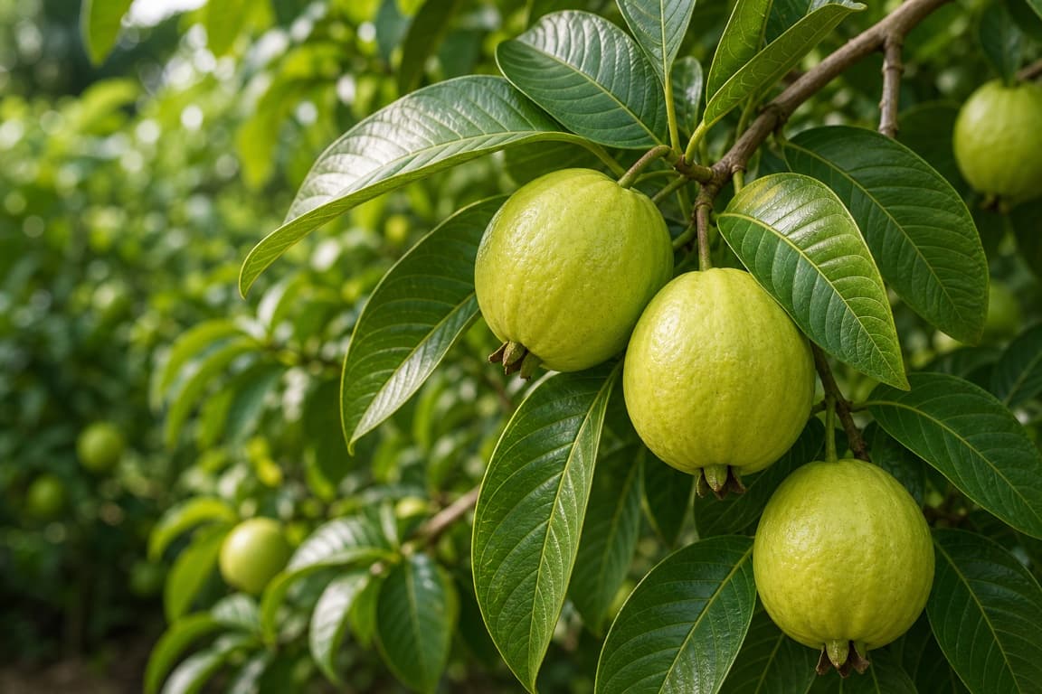 Fresh guavas growing naturally on a tree branch with glossy green leaves.