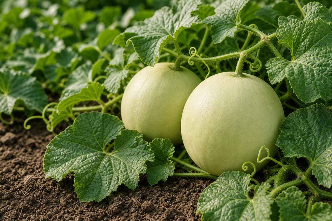 Fresh honeydew melons growing naturally on the vine with healthy leaves.