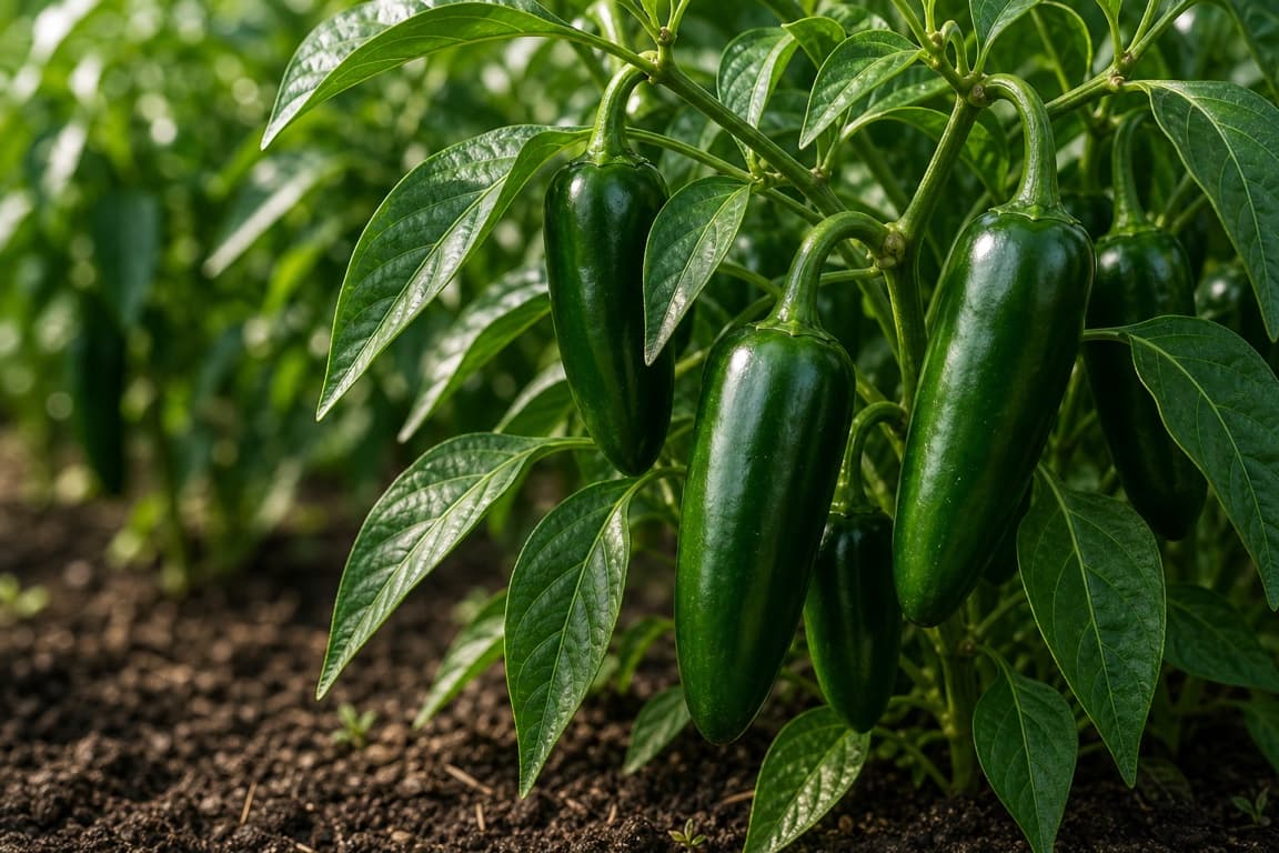 Fresh jalapeno peppers growing naturally on a healthy pepper plant.