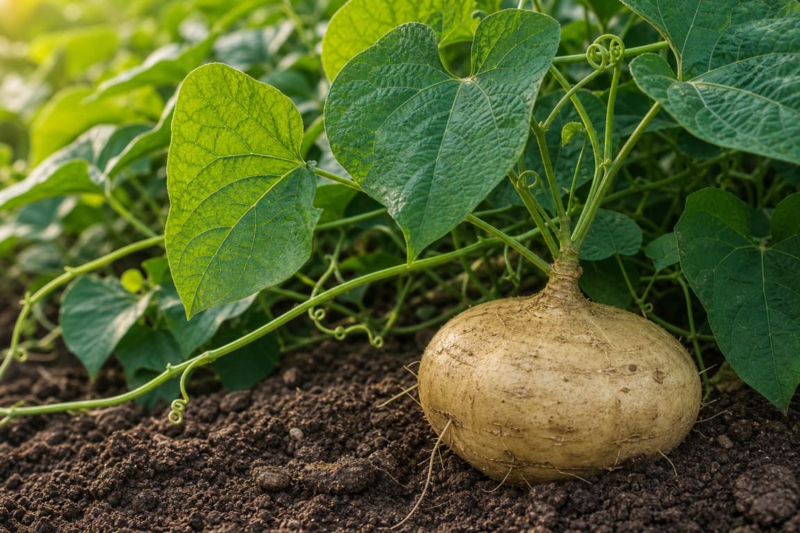 Fresh jicama root growing at the soil line with healthy green vine leaves.