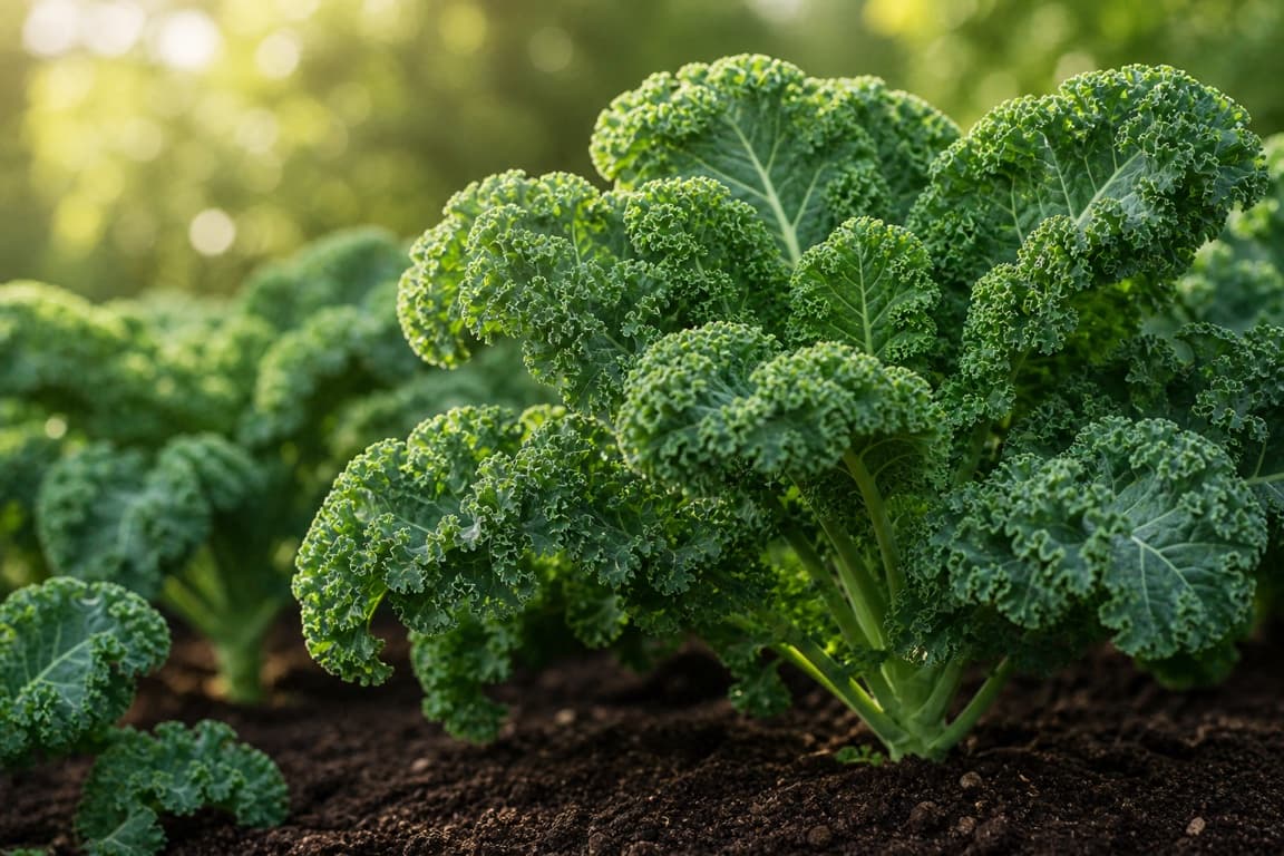 Fresh curly kale growing in a clean garden bed with healthy deep green leaves.