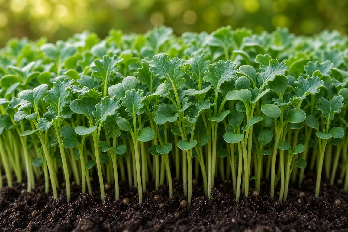 Kale microgreens growing densely with tiny green leaves in soft natural light.