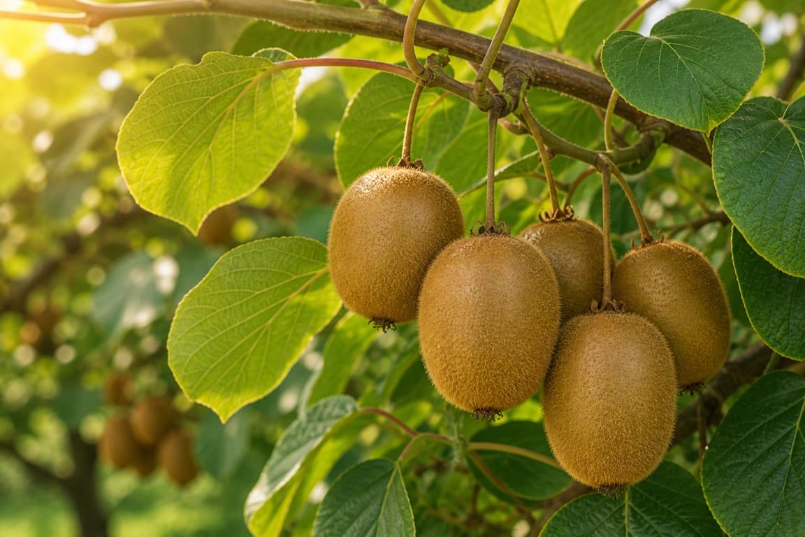 Fresh whole kiwifruit growing on a vine with healthy green leaves.