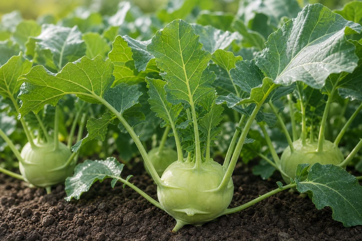 Fresh kohlrabi bulbs growing above clean garden soil with leafy green tops.