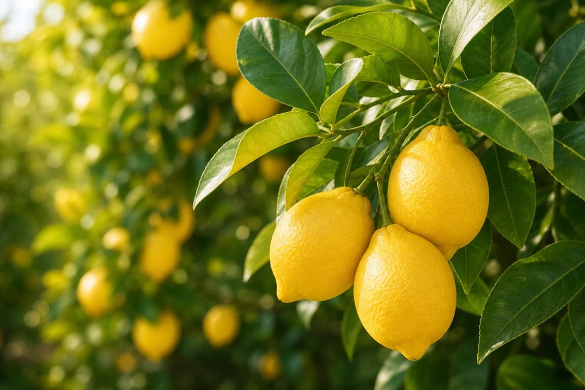 Fresh yellow lemons growing on a citrus tree branch with glossy green leaves.